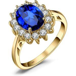 Yellow Gold Plated-Created Sapphire Princess Diana Class Birthstone Halo Ring